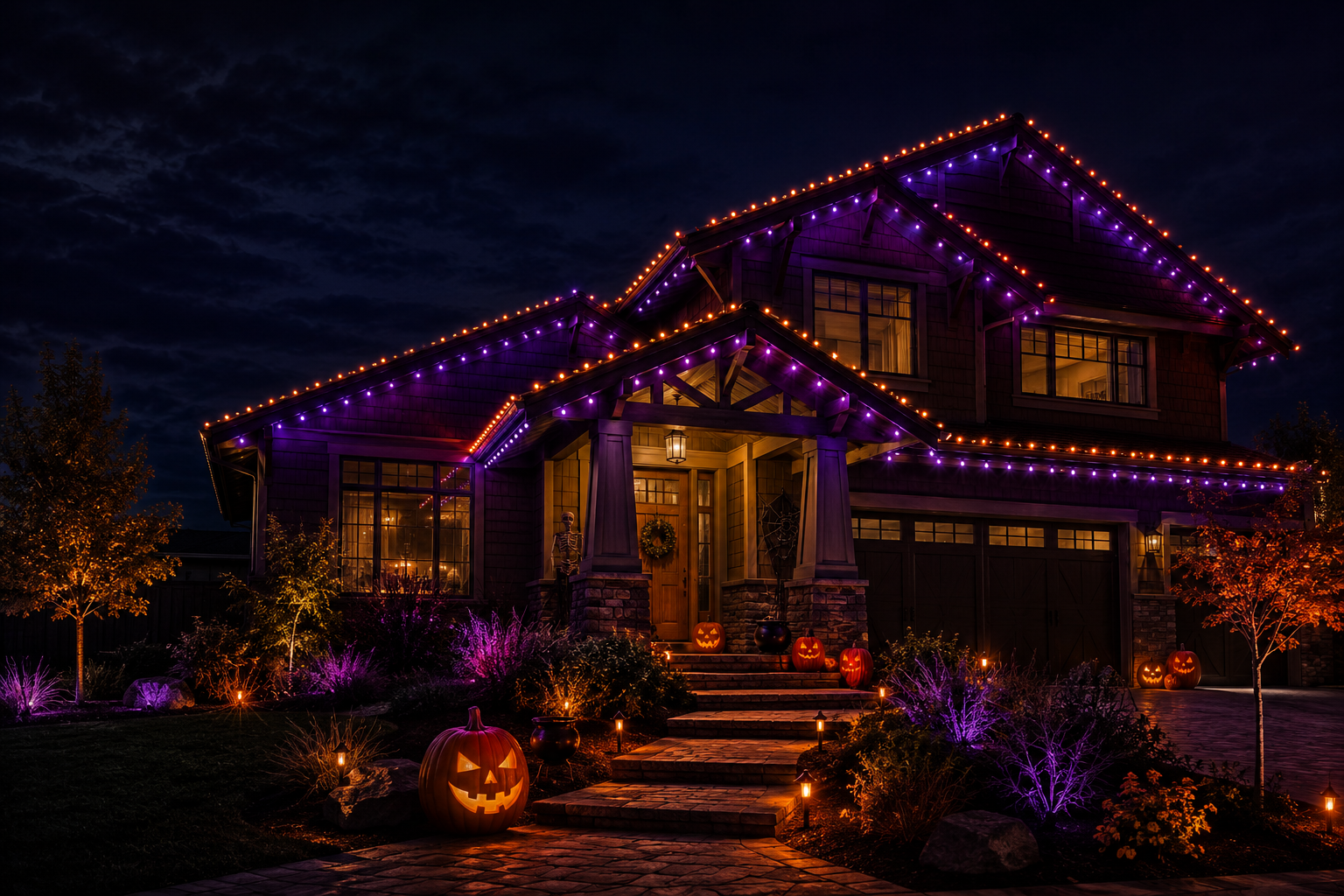 Halloween lights installed on a home at night